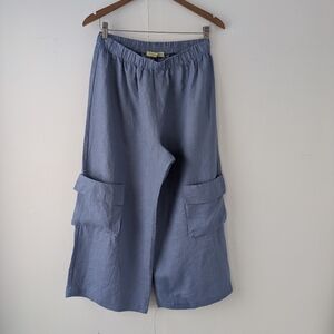 Chalet et Ceci Linen Blue Crop Wide Leg Pants Size Medium